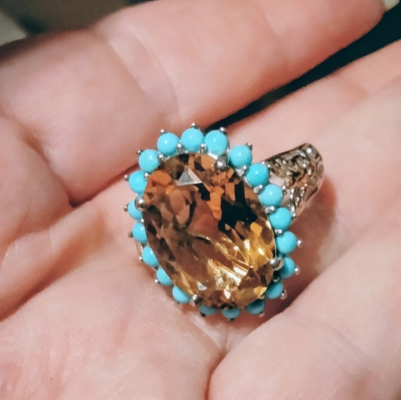 Brazilian Citrine Sleeping Beauty Turquoise Halo Ring Vermeil YG & Platinum O/SS - Picture 6 of 7